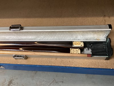 Lot 2571 - Two Joe Davis 'Club' cues and a Permac Club snooker cue, with case