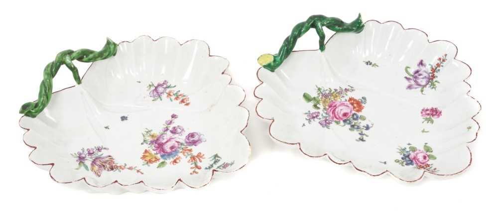 Lot 215 - A pair of Longton Hall leaf shaped dishes, painted in ‘Trembly Rose Painter’ style, circa 1755