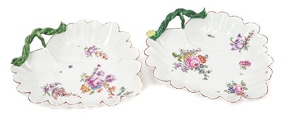 Lot 215 - A pair of Longton Hall leaf shaped dishes, painted in ‘Trembly Rose Painter’ style, circa 1755