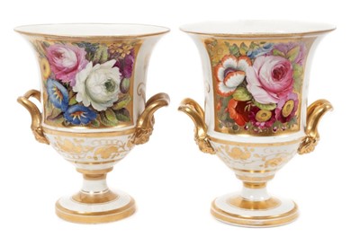 Lot 216 - Pair Regency Coalport flower painted two handled campana shaped vases, circa 1815