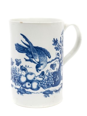 Lot 222 - 18th century Worcester blue printed Parrot Pecking Fruit pattern mug, circa 1770