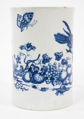 Lot 178 - 18th century Worcester blue printed Parrot Pecking Fruit pattern mug, circa 1770