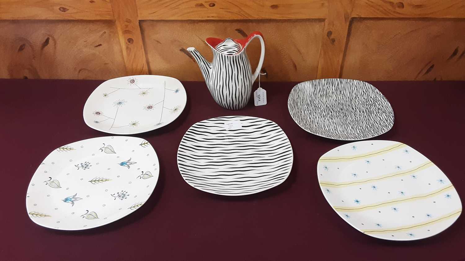 Lot 1211 - Midwinter Stylecraft Zambeze pattern coffee pot and plate, together with another nine Midwinter plates including Tonga, Savanna, Patio, Elstee, Bolero, Flower Mist etc