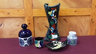 Lot 1212 - Norwegian Stavanger handpainted pot and another shaped dish, Swedish Laholm vase and a pot and cover made in Finland, and an Italian vase (5)