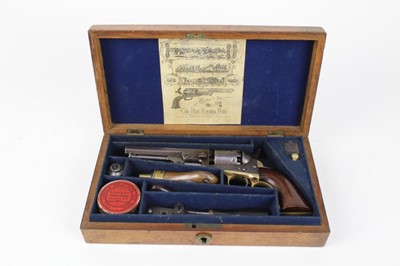 Lot 890 - Colt percussion Pocket revolver .31 calibre, London Address (worn) and proof marks, matching numbers 261714 in original oak case with trade label , accesories including flask, bullet mould, cap tin...