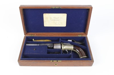 Lot 891 - Victorian percussion transitional revolver with two stage barrel, German silver frame with engraved decoration and rosewood grips, Birmingham proofs in original fitted box with Blanche & Son retail...