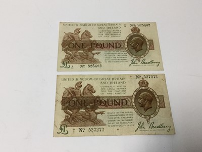 Lot 498 - G.B. - One Pound banknotes signature John Bradbury Third Issue (Jan 1917) x 2 prefix's D1 and D12 in generally AF-AVF (2 banknotes)