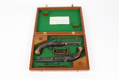 Lot 892 - Pair scratch built minature flintlock duelling pistols in fitted case with accessories. The pistols 21cm long