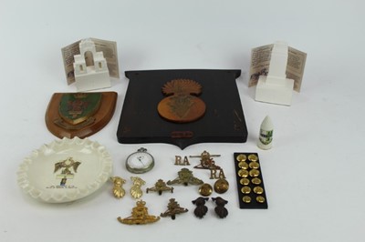 Lot 781 - Royal Irish Fusiliers Regimental wall plaque, together with models of the Cenotaph and Thiepval memorial and group of military badges and buttons.