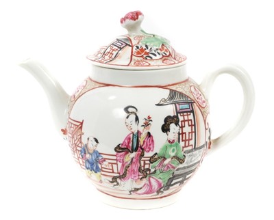 Lot 231 - 18th century Worcester teapot and cover, polychrome painted in Chinese style, circa 1770