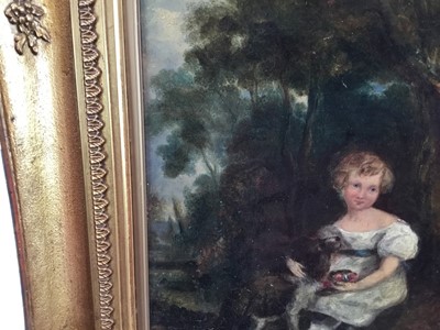 Lot 88 - English School circa 1850 oil on canvas - A young girl with her pet dog in woodland in gilt frame