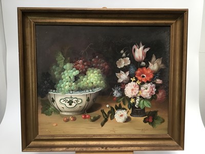 Lot 89 - 20th century oil on wood board - still life with grapes in blue and white bowl