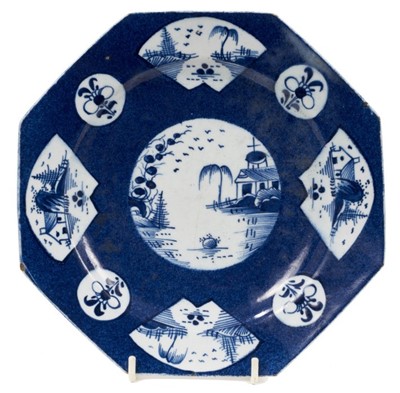Lot 235 - 18th century Bow octagonal powder blue ground plate, circa 1765