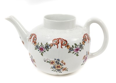 Lot 236 - Rare Worcester ‘Scratch Cross’ melon shaped teapot, circa 1753-54.   
See The Zorensky Collection, Bonham’s London, 16th March 2004, lot 42, for a slightly later tea bowl with the same moulded fl...