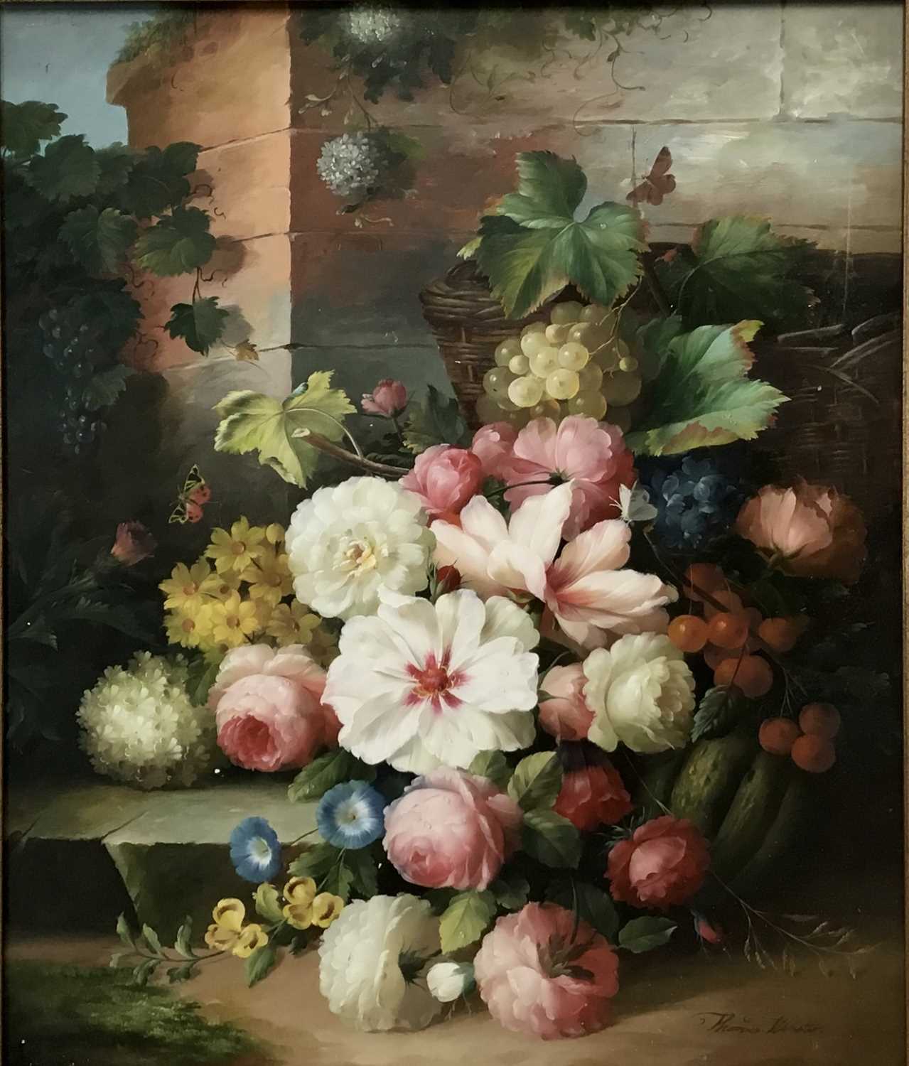 Lot 90 - Thomas Webster 20th century oil on wood board - still life with flowers and grapes by a stone wall