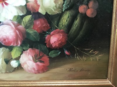 Lot 90 - Thomas Webster 20th century oil on wood board - still life with flowers and grapes by a stone wall