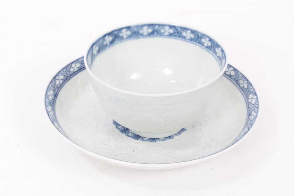 Lot 240 - 18th century Worcester moulded blue and white tea bowl and saucer, circa 1755. Provenance; Godden Reference Collection
