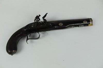 Lot 893 - Early 19th Flintlock duelling pistol by S.Nock London, octagonal musket bore barrel with gold lined touch hole and roller frizzen, French-style cock, gold makers name plate to lock, set trigger, en...