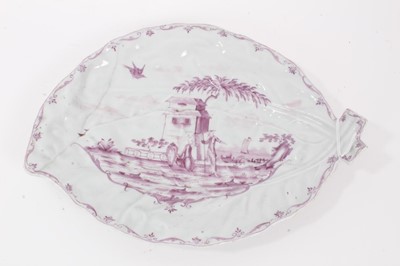 Lot 248 - Worcester cabbage leaf shaped dish, painted in puce, circa 1758