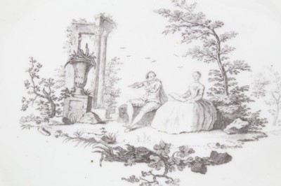 Lot 250 - Worcester saucer, printed by Robert Hancock with The Singing Lesson, circa 1756-58. Provenance; Norman Stretton Collection