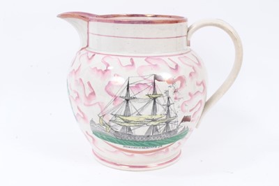 Lot 252 - Victorian pink Sunderland lustre large jug, printed and painted with the vessel ‘Northumberland’, circa 1860