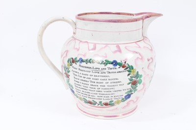 Lot 252 - Victorian pink Sunderland lustre large jug, printed and painted with the vessel ‘Northumberland’, circa 1860