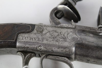 Lot 894 - 18th century Flintock cannon barrel pocket pistol by Turvey with box lock, turn-off barrel, silver wire inlaid bag grip, London proofs, 20 cm overall