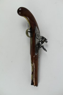 Lot 896 - Early 19th century military Flintlock pistol with .600 calibre two-stage barrel, London Proofs, lock marked 'K.B.' walnut with brass mounts with ramrod. The barrel 23 cm, 38 cm overall