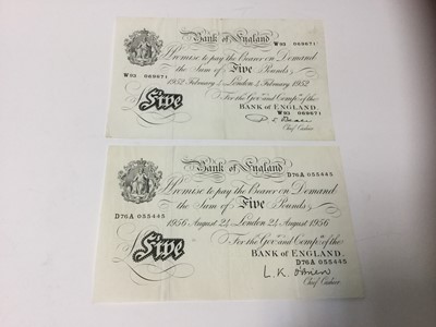 Lot 501 - G.B. - Five Pound white banknotes to include signatures P.S. Beale, London 4 February 1952 prefix W93 (N.B. Minor folds and creases) otherwise AVF and L.K O'Brien, London 24 August 1956 prefix D76A...