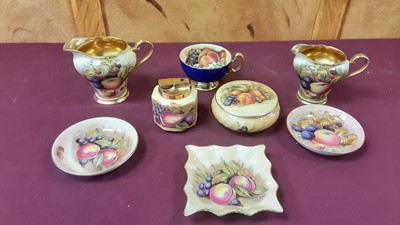 Lot 1221 - Selection of Aynsley Orchard Gold items including two jugs, trinket box and cover, three dishes, cup and table lighter, some signed D Jones (8)