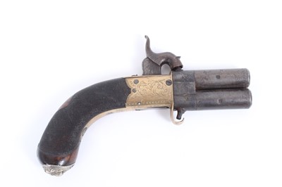 Lot 898 - 19th century percussion double barrelled pocket pistol with revolving over and under barrels,Birmingham proofs,  engraved brass action with concealed trigger, finely chequered bag grip with silver...