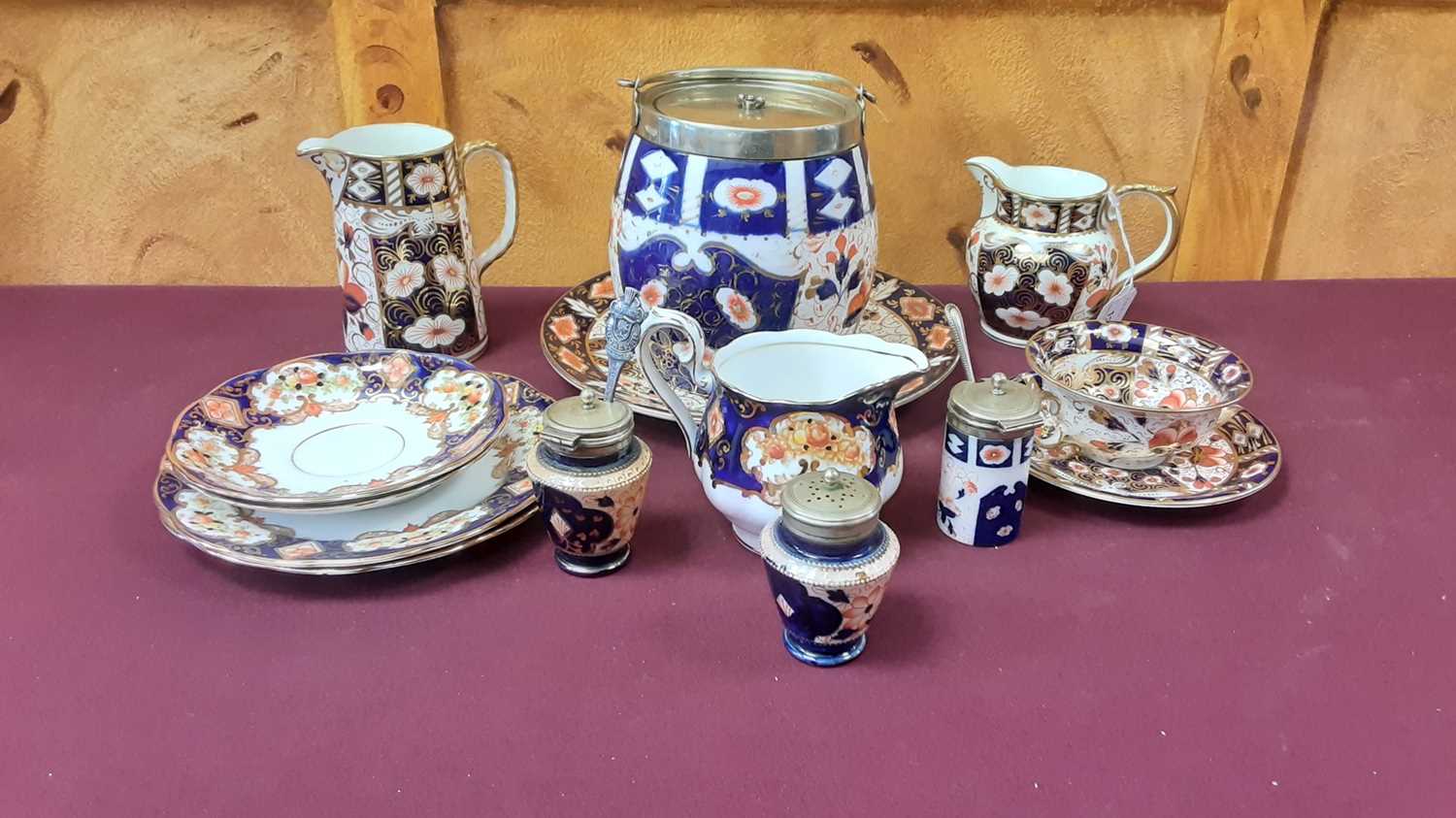 Lot 1224 - Selection of Imari pattern china including Davenport biscuit barrel with plated mounts, two Aynsley jugs, Pointons cup and saucer etc (14)