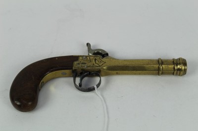 Lot 900 - 19th century Belgian percussion pocket pistol with brass barrel and frame, engraved on back strap '1840 W.D.', walnut bag grip, Leige proofs 21 cm overall