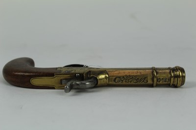 Lot 900 - 19th century Belgian percussion pocket pistol with brass barrel and frame, engraved on back strap '1840 W.D.', walnut bag grip, Leige proofs 21 cm overall