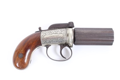 Lot 902 - Good quality Victorian percussion pepperbox revolver with six fluted barrels, Birmingham Proofs, floral scroll engraved German Silver frame signed 'F.Parry 36 Lench Street, Birmingham ' and ' Impro...