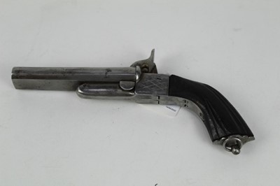 Lot 905 - Late 19th century Continental  Percussion Pinfire double barrelled over coat pistol with octagonal barrels and concealed triggers.22 cm overall.