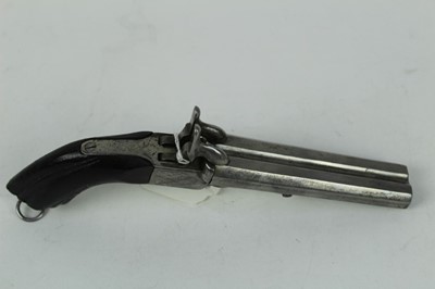 Lot 905 - Late 19th century Continental  Percussion Pinfire double barrelled over coat pistol with octagonal barrels and concealed triggers.22 cm overall.