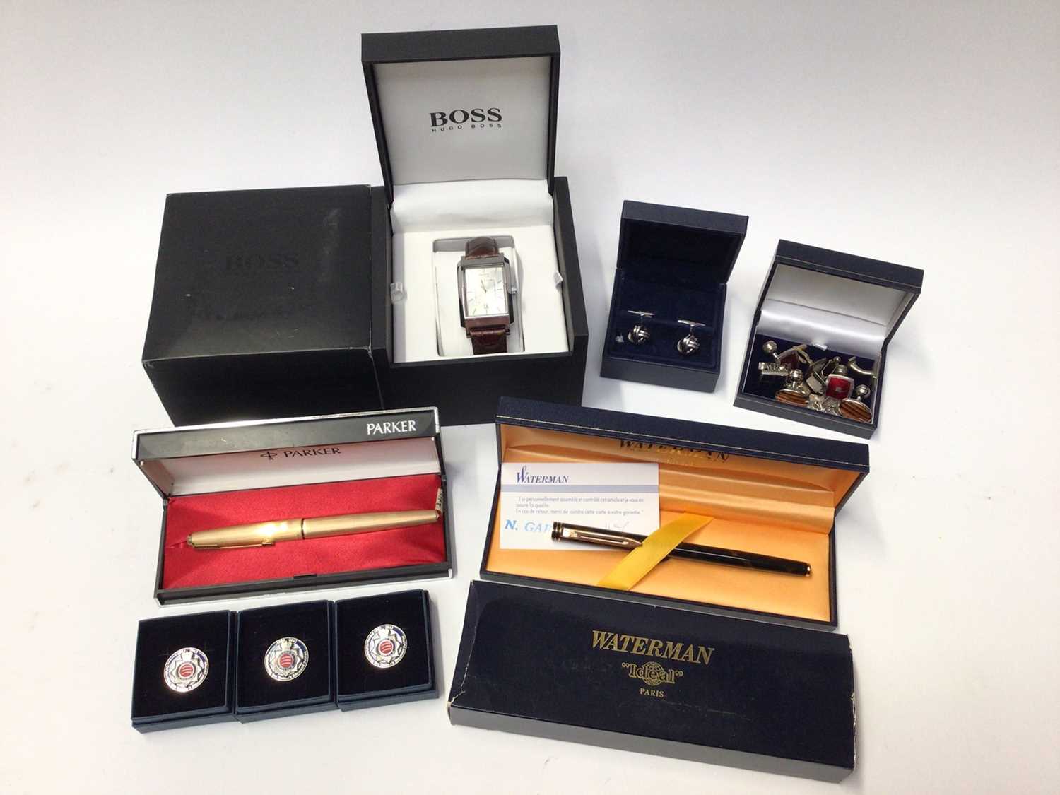 Lot 195 - Hugo Boss wristwatch in box, silver and other cufflinks, Parker and Waterman pens