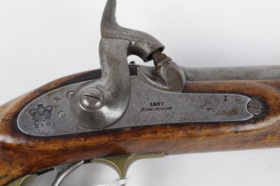 Lot 906 - Victorian percussion cavalry carbine bore pistol with lock marked Crowned EIG and '1867 Birmingham', ordinance marks to barrel and stamp to stock, swivel ramrod and lanyard ring to pommel.