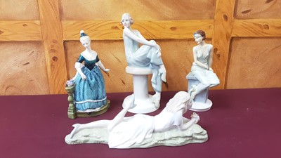 Lot 1227 - Four Royal Doulton figures - Clarinda HN2724, Flirtation HN3071, Idle Hours HN3115 and Eve