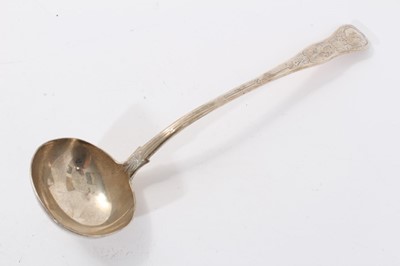 Lot 336 - Victorian silver soup ladle with engraved Gothic style decoration and initial (London 1854)