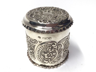 Lot 204 - Victorian silver cylindrical trink pot and cover (London 1898) together with five silver topped glass vanity jars