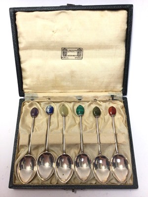 Lot 205 - Set six Liberty & Co coffee spoons with terminals mounted with semi precious stones, in fitted case