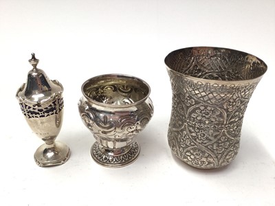 Lot 209 - Group silver to include cigarette box, cruet set, Eastern white metal beaker and other items