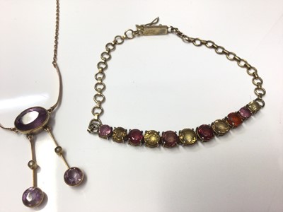 Lot 280 - Edwardian amethyst and seed pearl pendant necklace, Victorian 15ct gold brooch, multi-gem set bracelet and two diamond rings