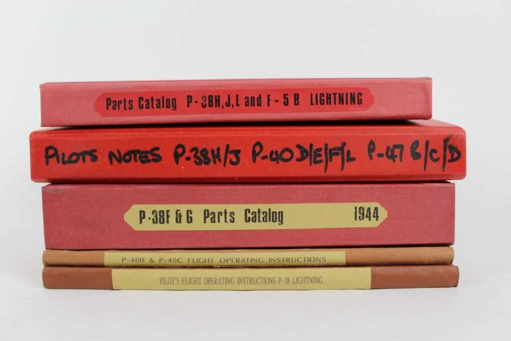 Lot 811 - Interesting group of reproduced and bound Second World War parts catalogues and manuals and operational flight instructions for P-38H, P-38J, P-38L and F-5B, (5 items)