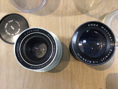 Lot 2356 - Large quantity of camera lenses and other equipment, including Dallmeyer, Voigtlander and many others (4 boxes)