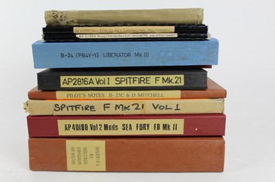 Lot 724 - Interesting group of reproduced and bound Second World War parts catalogues and manuals and operational flight instructions for Spitfire, P-38 Lightning, Lancaster and others (10 items)