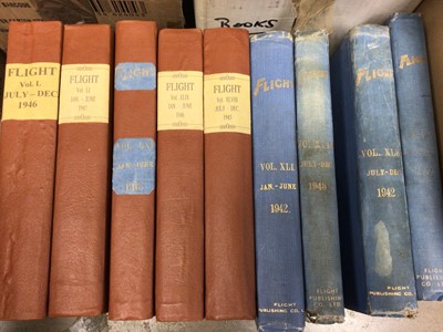 Lot 818 - Three boxes of bound volumes of Aeronautics, Flight and the Aeroplane together with bound volumes of the Second World War (5 boxes)