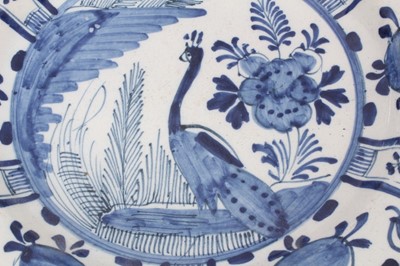Lot 182 - Early 18th century Dutch delft dish, in the Kraak style with peacock